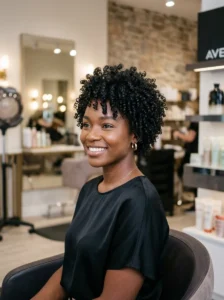 Short curly cropped haircut with natural texture
