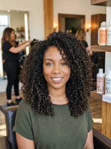 Curly haircut with structured weight line