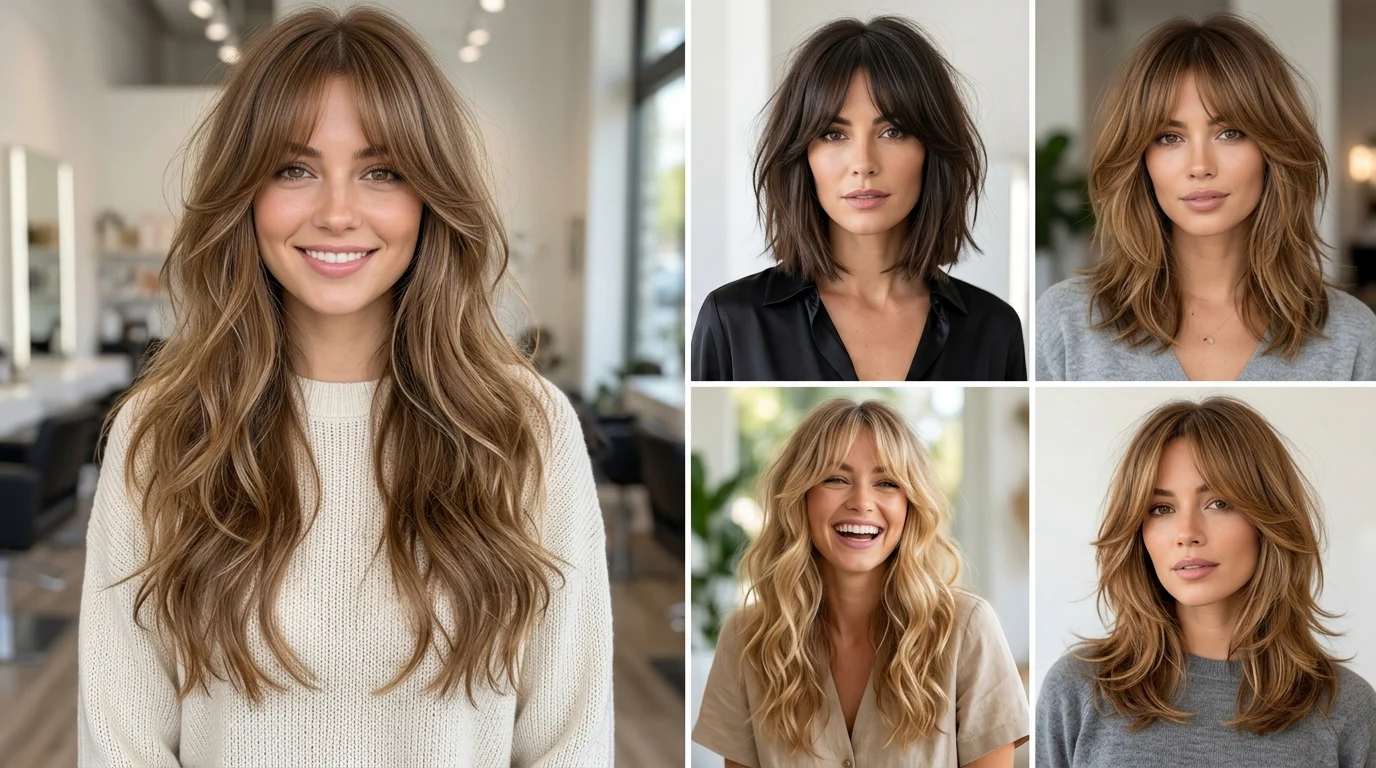 Curtain bangs styled with soft face framing layers and modern hairstyles