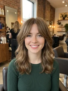 Curtain bangs framing the face with a center part