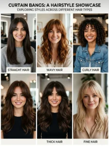 Curtain bangs on different hair textures