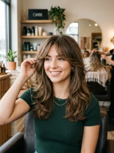Curtain bangs enhancing an oval face shape