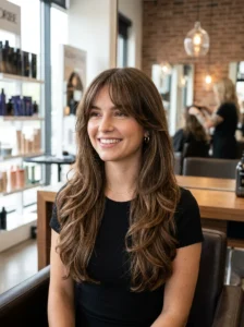 Curtain bangs that soften and balance a diamond face shape