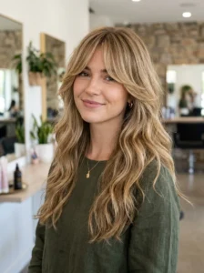 Curtain bangs that balance a heart-shaped face