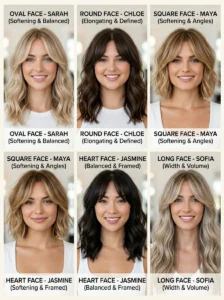 Curtain bangs on oval, round, square, heart shaped and long faces, hairstyle comparison collage, professional hair photography