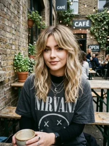 Curtain bangs with grown-out roots creating a modern grunge hairstyle