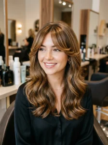 Curtain bangs styled for extra volume and movement
