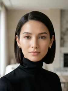 Sleek ear-length bob tucked neatly behind the ears
