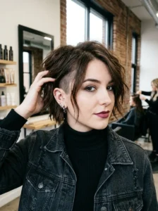 Ear-length haircut featuring a hidden undercut