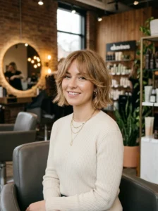 Ear-length haircut paired with curtain bangs