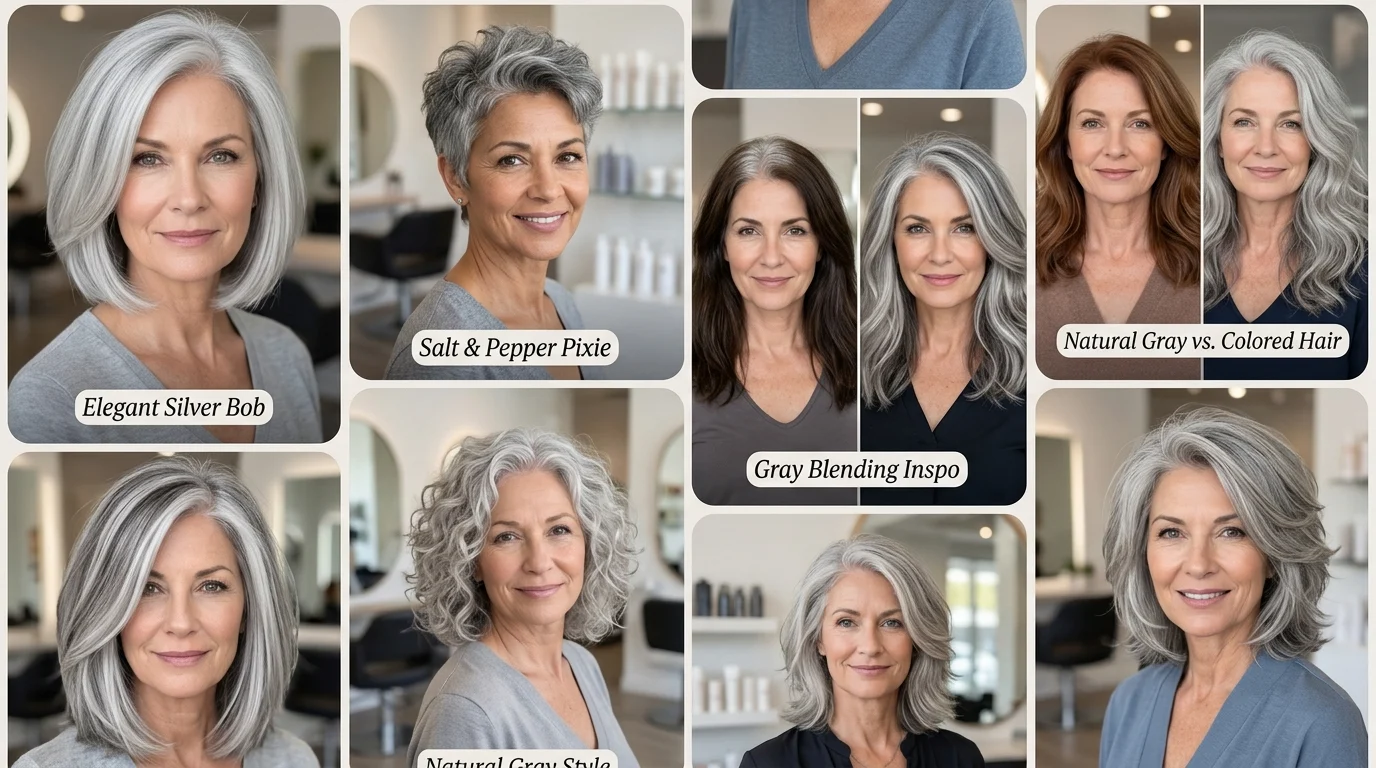 Gray hair guide collage with silver hair and gray coverage ideas