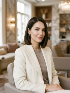 Classic bob haircut with sleek chin-length straight hair and elegant styling.