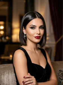 Glamorous sleek classic bob hairstyle with glossy glass hair finish.