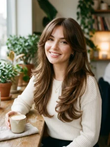 Long hairstyle with curtain bangs and soft face-framing layers.