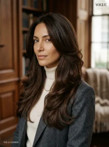 Old money long hairstyle with glossy blowout layers and elegant luxury styling.