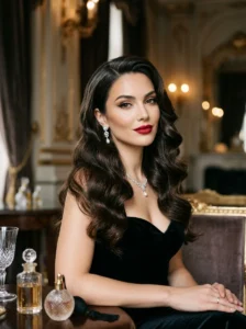Soft Hollywood waves hairstyle with glamorous long curls and shine.