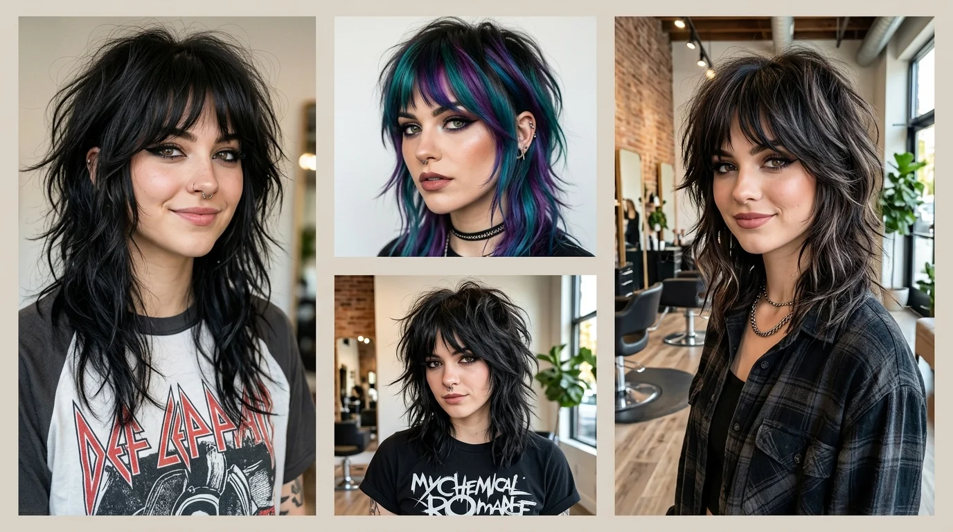 Modern emo shag haircut with choppy layers and soft curtain fringe