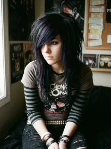 Original emo shag haircut with side-swept fringe and layered texture