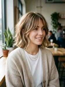 Fluffy bob haircut paired with curtain bangs