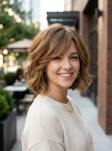 Fluffy bob hairstyle with side-swept bangs
