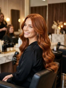 Ginger brown hair color with natural root melt