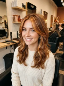 Ginger brown hair with face-framing highlights