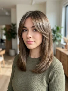 Soft layered straight hairstyle with curtain bangs