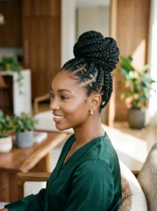 Goddess braids styled into a bun