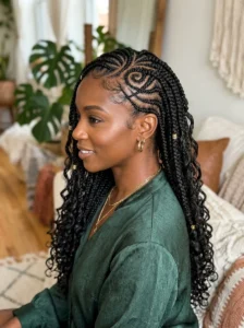 Curved goddess braids with artistic design