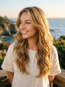 Golden blonde hairstyle with warm shiny waves