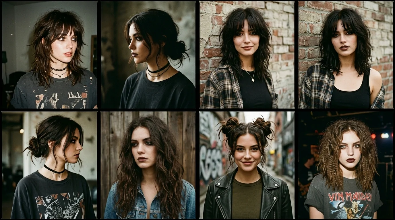 Popular grunge hairstyles featuring shag cuts, curtain bangs, and textured messy styles