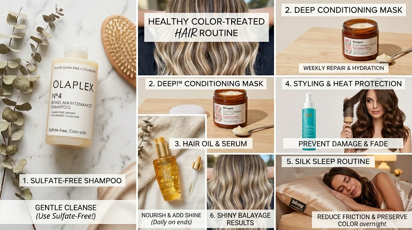 Hair color maintenance guide collage with healthy color-treated hair tips