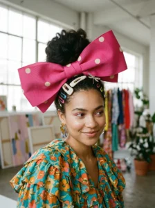 Creative hairstyle with oversized hair accessory