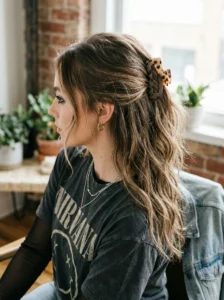 Half-up half-down grunge hairstyle with natural texture and movement