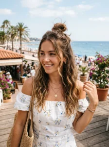 Half up bun hairstyle with loose flowing hair