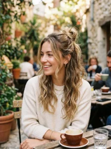 Half up bun hairstyle with loose flowing hair