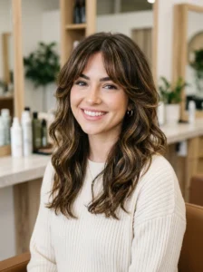 Heart-shaped face with curtain bangs and soft layers