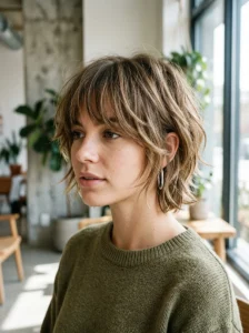 Layered ear-length shag haircut with texture and volume