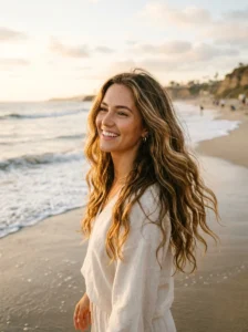 Long beach waves hairstyle for a heart-shaped face