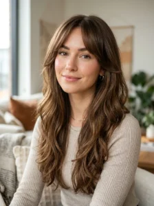 Curtain bangs with long layered hair for a round face shape