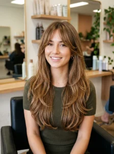 Curtain bangs blended into long layered hair