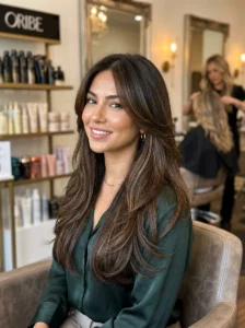 Long layered hairstyle with healthy shine and movement