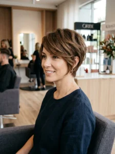 Long pixie haircut with side-swept fringe