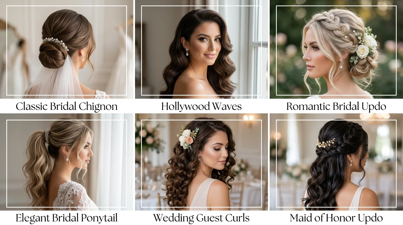 Elegant wedding hairstyles for brides, wedding guests, and maids of honor