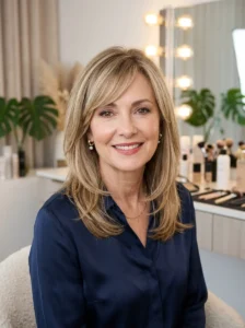 Side-swept bangs hairstyle for women over 60 with layered soft hair.