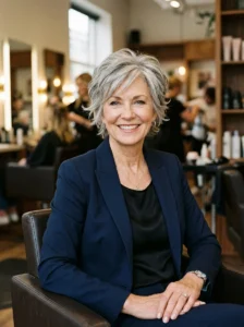Textured pixie cut hairstyle for women over 60 with soft layered volume.