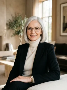 Chin-length bob hairstyle for women over 60 with sleek silver hair.
