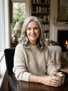 Soft wavy medium hairstyle for women over 60 with healthy silver hair.