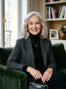 Long bob hairstyle for women over 60 with soft silver waves.