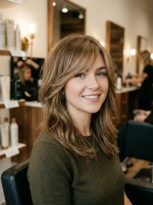 Side-swept bangs that visually elongate a round face